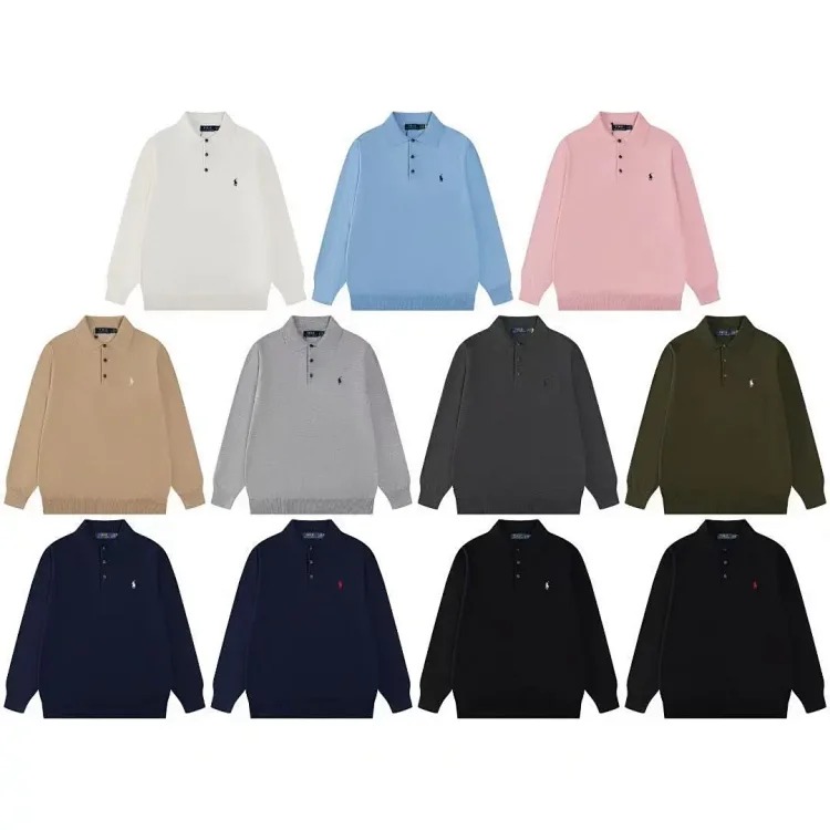 Pony embroidered polo shirt three-button lapel open chest men's and women's long-sleeved sweater