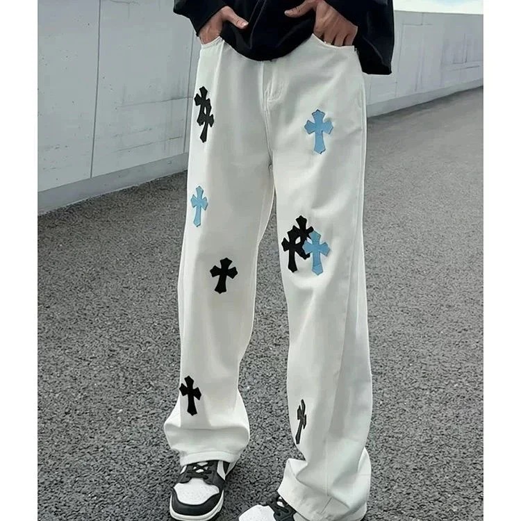 American street celebrity retro embroidered Crow heart white light luxury jeans classic leather cross men and women loose straight long pants image 2