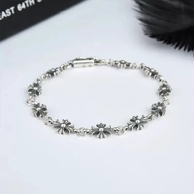 Crow Heart Cross Silver Bracelet Men's Crow Heart Cross Bracelet European and American Hip-Hop Exquisite Light Luxury Niche Retro Cross Flower Men's and Women's Personalized Bracelet