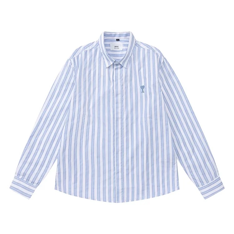 25ss early autumn trendy brand new AMI same-color love embroidered stripes pure cotton Oxford striped long-sleeved shirts for men and women loose casual shirts for couples