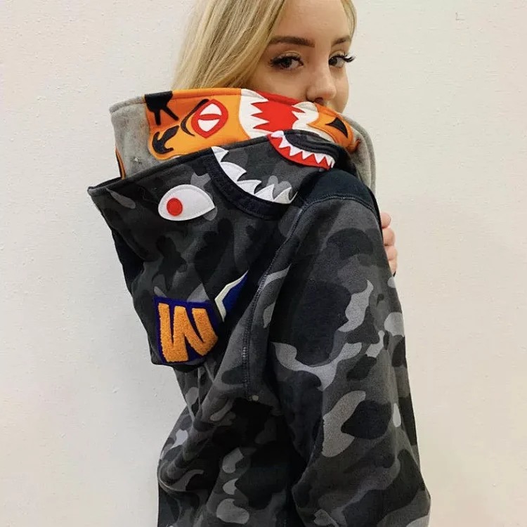 26fw spring, autumn and winter new trendy brand AAPE BAPE half-sleeved spliced ​​black camouflage double hood double-headed tiger shark hooded sweatshirt men's cardigan jacket women