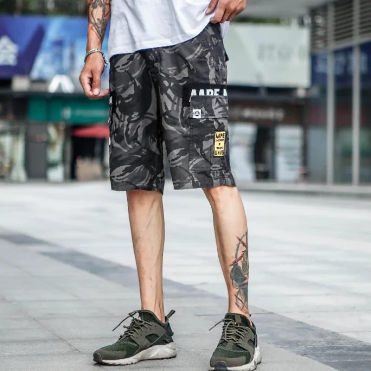 2022ss spring and summer new fashion brand AAPE ape head military workwear embroidered multi-pocket camouflage men's casual shorts street cloth pants five-quarter pants