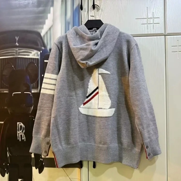 Sailing knitted cardigan sweater coat four stripes long sleeve top same style for men and women image 2