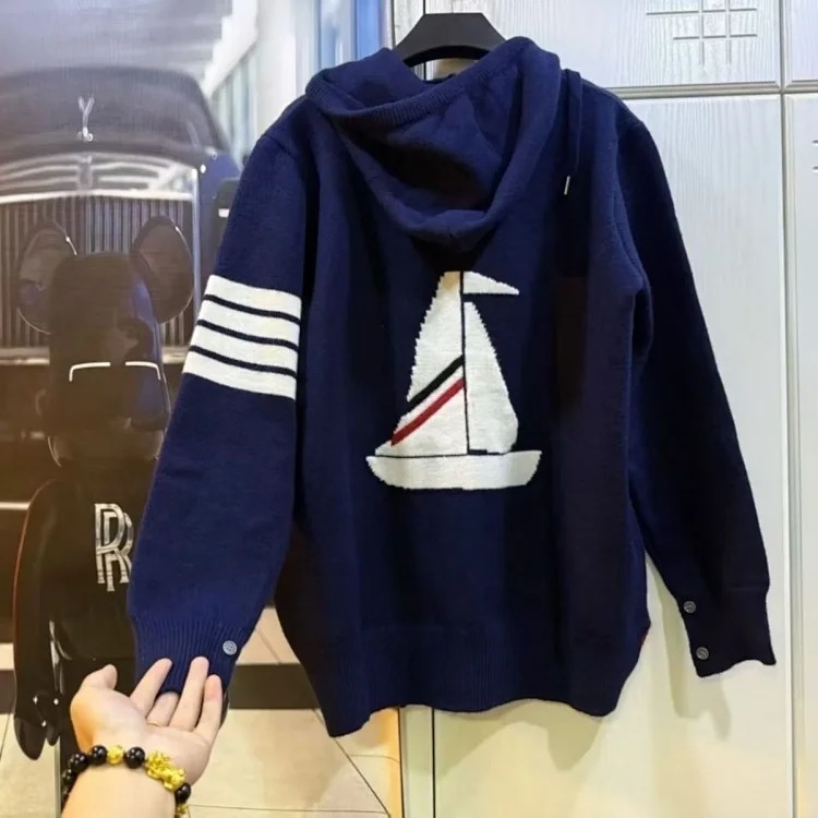 Sailing knitted cardigan sweater coat four stripes long sleeve top same style for men and women image 3