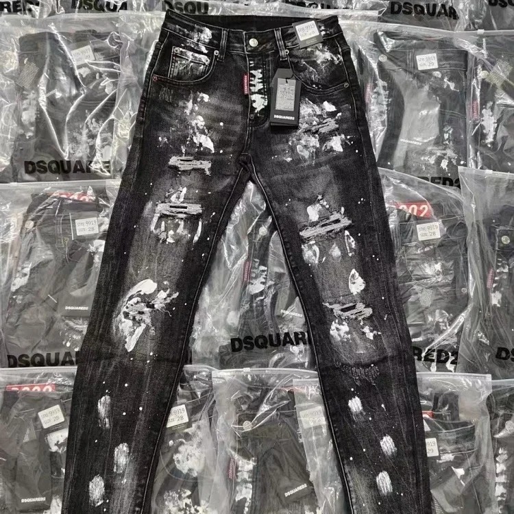 D2 knife cut splash ink ripped jeans men's black light luxury straight slim trousers image 2