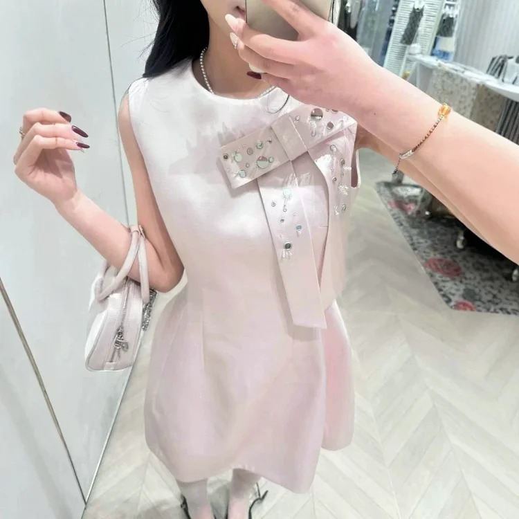 [OG] Global Shopping Private high-end customized summer new girly style diamond bow sleeveless dress women's waist slimming A-line skirt sweet age-reducing date shirt image 5