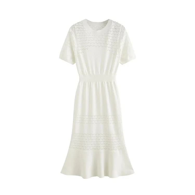 Summer style round neck short-sleeved hollow ice silk knitted dress for women with small fragrant waist and mid-length fishtail skirt image 5