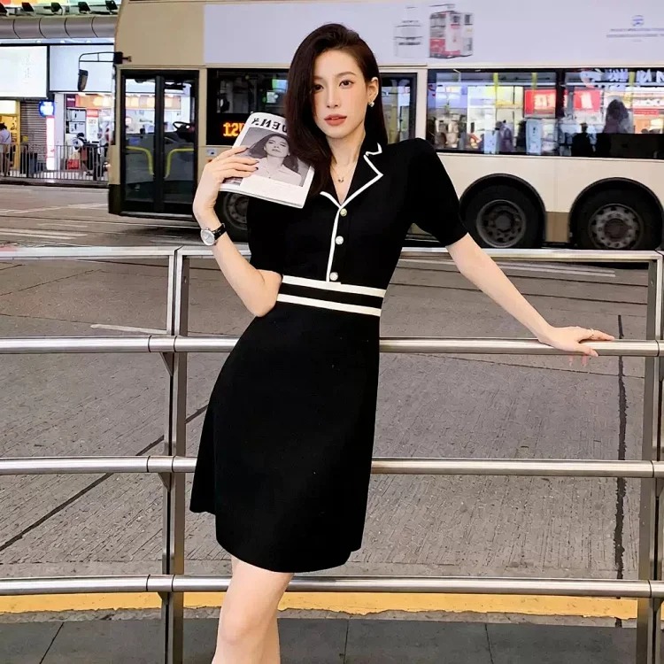 [OG] Global Shopping Summer Ice Silk Knitted Dress Women's French Style Socialite Small Fragrance Style Waist Slimming Short Sleeve A-Line Little Black Dress