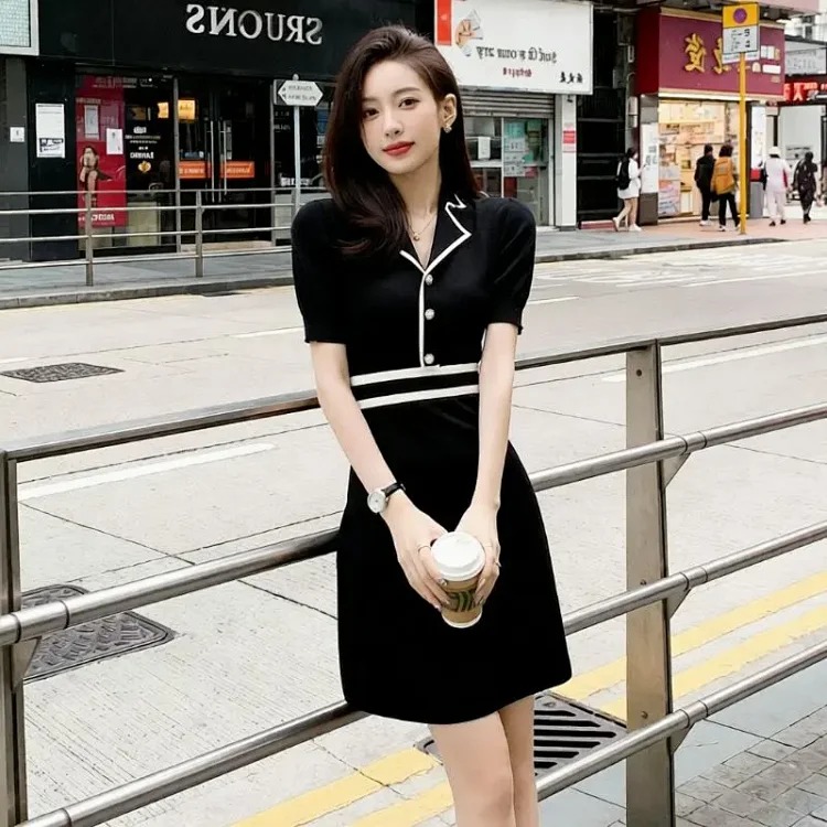 [OG] Global Shopping Summer Ice Silk Knitted Dress Women's French Style Socialite Small Fragrance Style Waist Slimming Short Sleeve A-Line Little Black Dress image 2