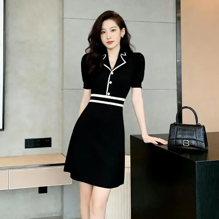 [OG] Global Shopping Summer Ice Silk Knitted Dress Women's French Style Socialite Small Fragrance Style Waist Slimming Short Sleeve A-Line Little Black Dress image 3