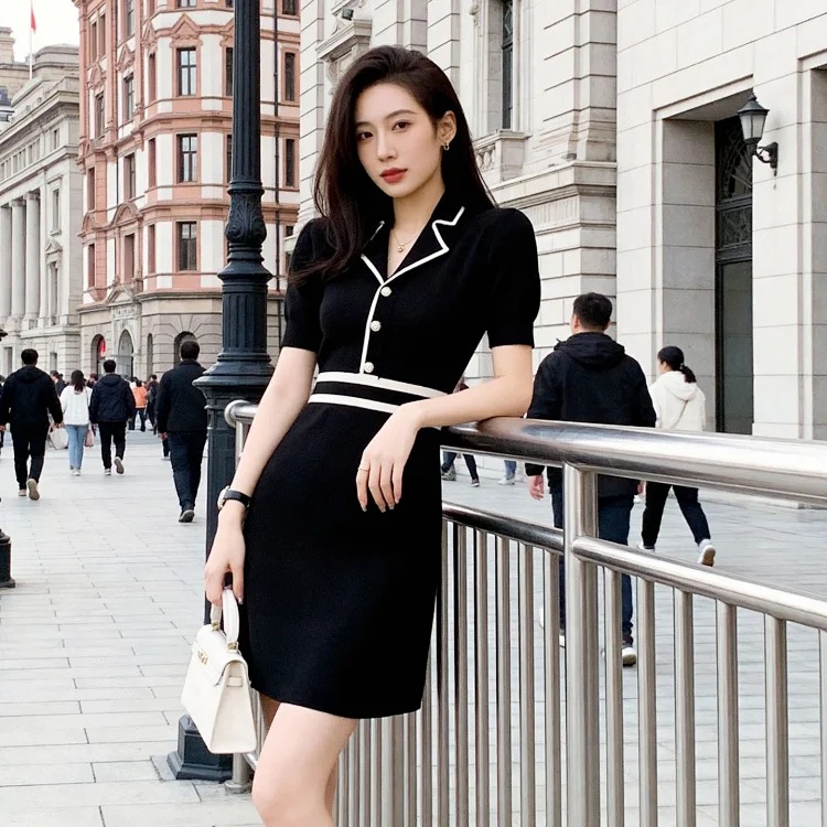 [OG] Global Shopping Summer Ice Silk Knitted Dress Women's French Style Socialite Small Fragrance Style Waist Slimming Short Sleeve A-Line Little Black Dress image 4