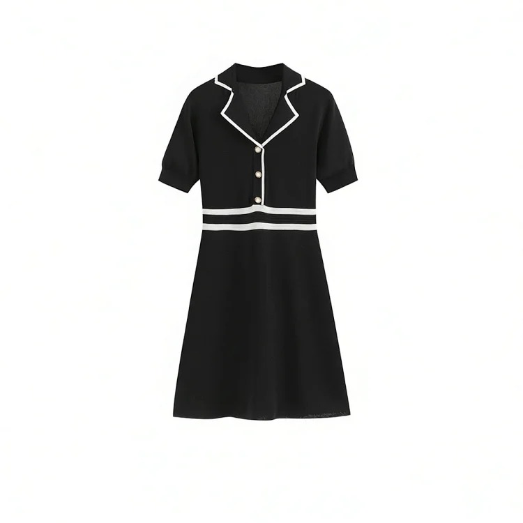 [OG] Global Shopping Summer Ice Silk Knitted Dress Women's French Style Socialite Small Fragrance Style Waist Slimming Short Sleeve A-Line Little Black Dress image 5