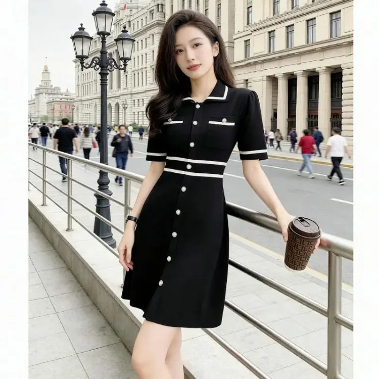 Summer new French style fashionable little fragrance style splicing ice silk ice hemp atmospheric dress image 2