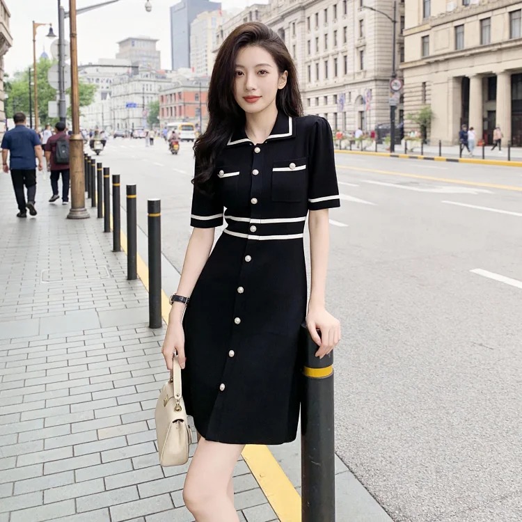 Summer new French style fashionable little fragrance style splicing ice silk ice hemp atmospheric dress image 3