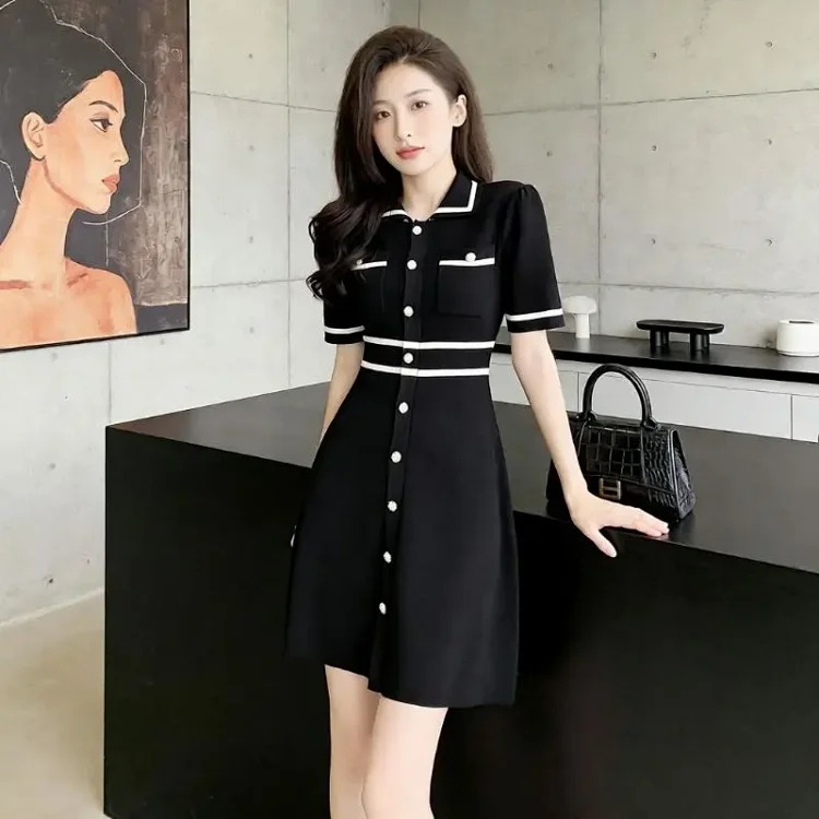 Summer new French style fashionable little fragrance style splicing ice silk ice hemp atmospheric dress image 4