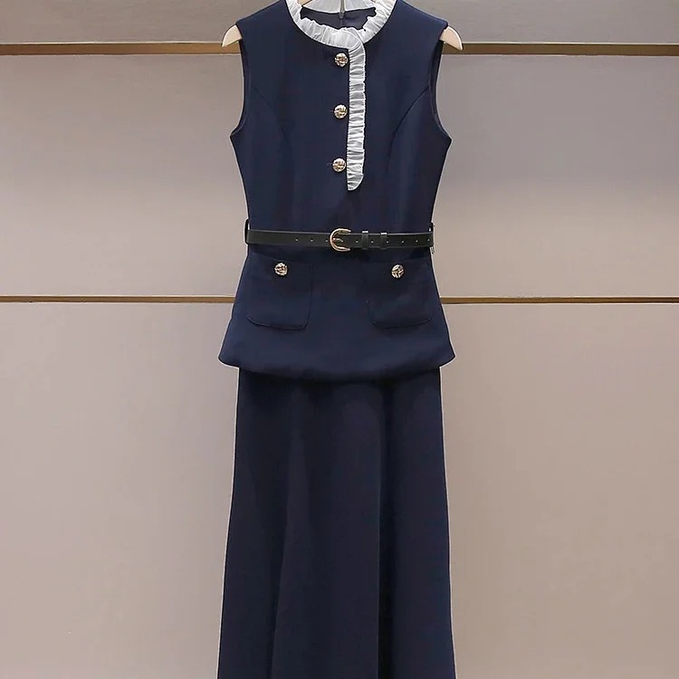 SP's new summer style French daughter-in-law style pleated stand-up collar vest fake two-piece long waist dress for women image 2