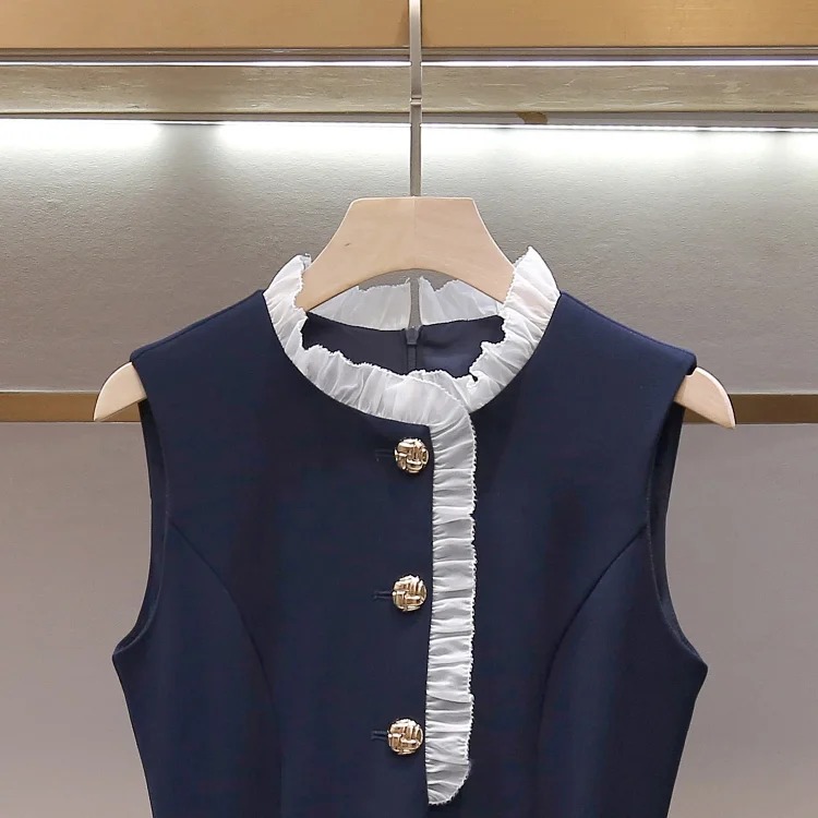 SP's new summer style French daughter-in-law style pleated stand-up collar vest fake two-piece long waist dress for women image 4