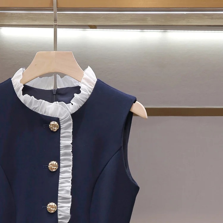 SP's new summer style French daughter-in-law style pleated stand-up collar vest fake two-piece long waist dress for women image 5