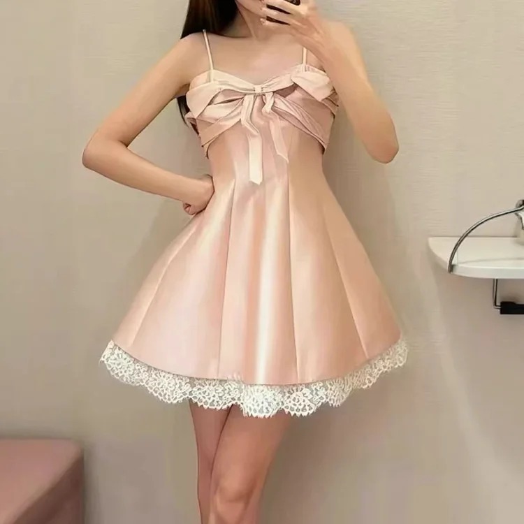 Summer new arrival princess dress French palace style sleeveless dress for women sweet and spicy lace mesh splicing bow suspender dress