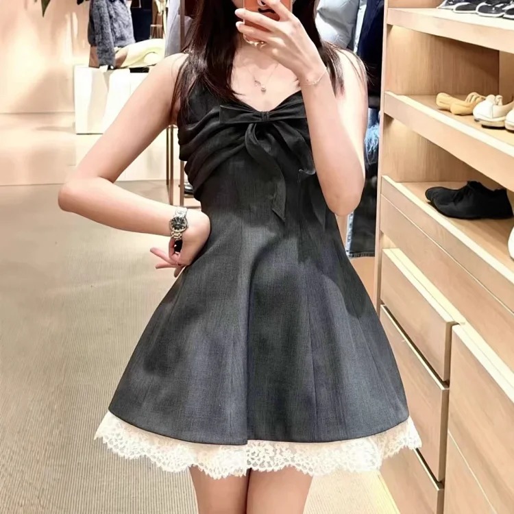 Summer new arrival princess dress French palace style sleeveless dress for women sweet and spicy lace mesh splicing bow suspender dress image 3