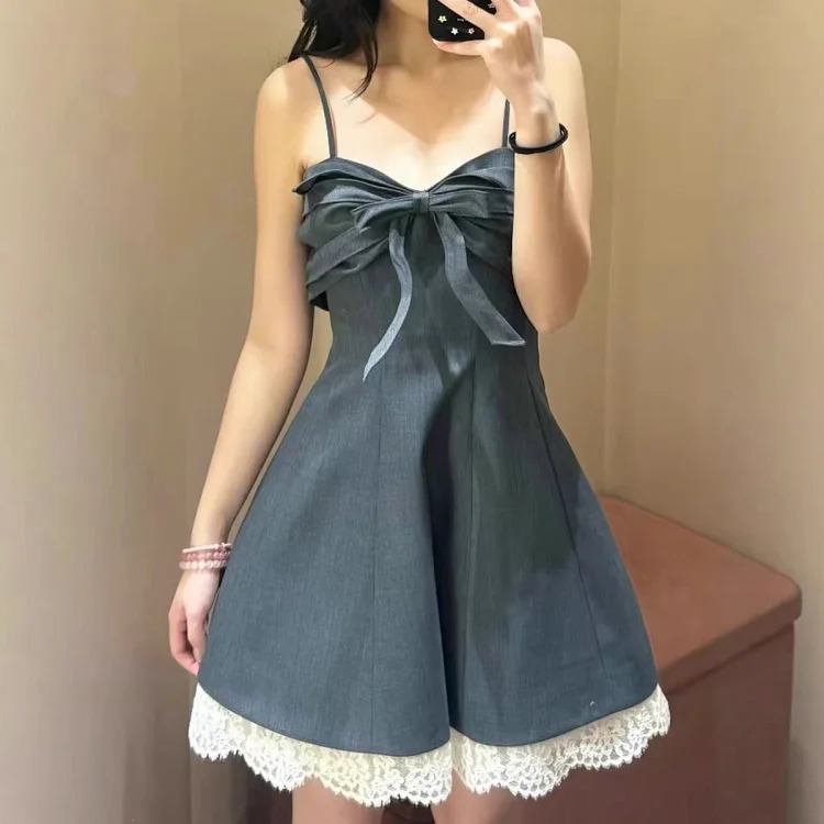 Summer new arrival princess dress French palace style sleeveless dress for women sweet and spicy lace mesh splicing bow suspender dress image 5
