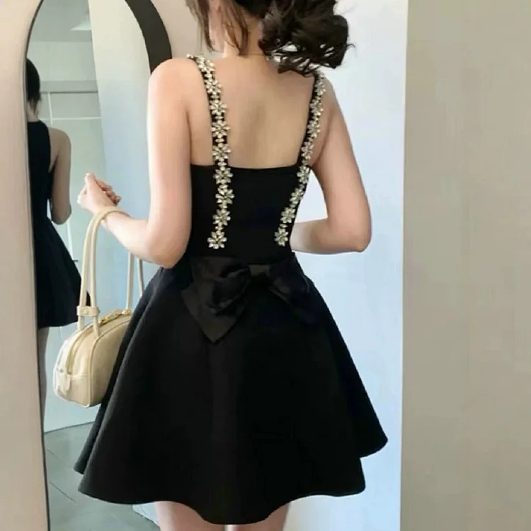 [OG] Global Shopping Private high-end customized summer new style French heavy industry rhinestone suspender dress women's summer high-end backless bow tie waist slimming lady dress dress image 6