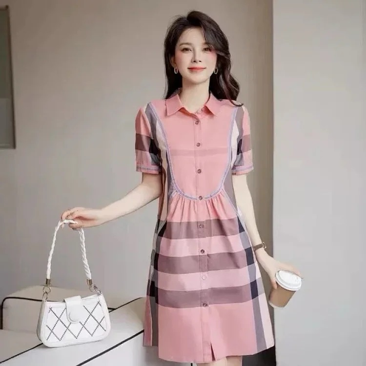 Burberry light luxury counter authentic summer new women's British style high-end plaid shirt short-sleeved slim dress trendy image 2