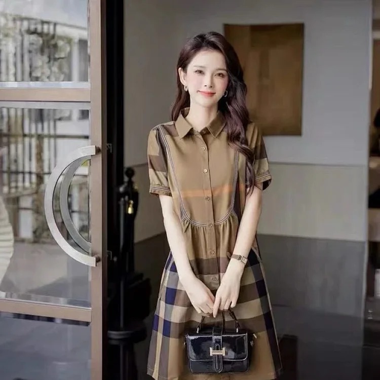 Burberry light luxury counter authentic summer new women's British style high-end plaid shirt short-sleeved slim dress trendy image 3