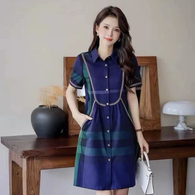 Burberry light luxury counter authentic summer new women's British style high-end plaid shirt short-sleeved slim dress trendy image 4