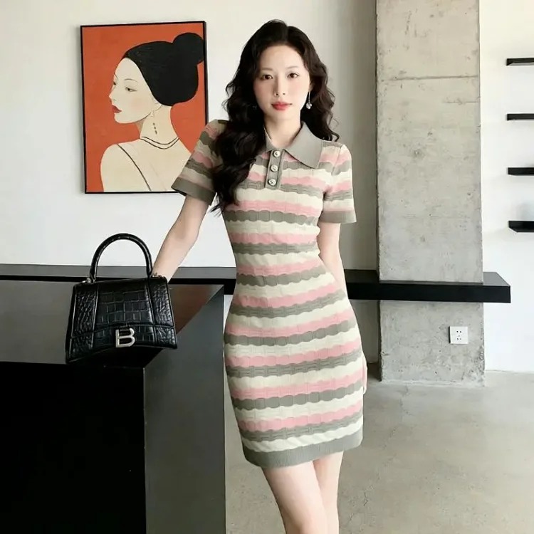 [OG] Global Shopping Private High-end Customized Summer New Model Little Fragrance Style Striped French Knitted Dress Niche Design Hip Skirt Slim Fit Skirt image 2