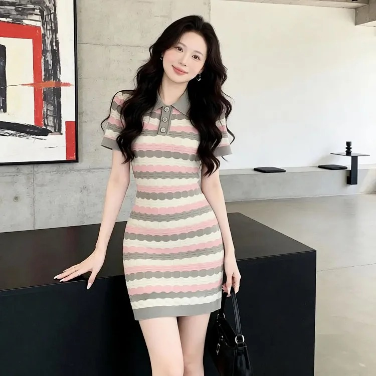 [OG] Global Shopping Private High-end Customized Summer New Model Little Fragrance Style Striped French Knitted Dress Niche Design Hip Skirt Slim Fit Skirt image 4