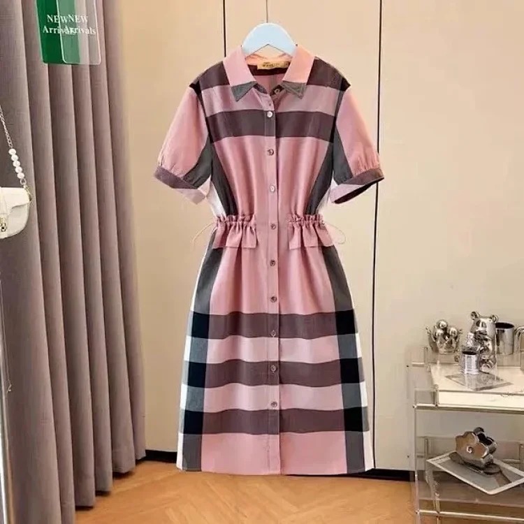 Burberry light luxury authentic 2026 summer new women's British style high-end skirt lapel plaid short-sleeved slim dress trendy image 4