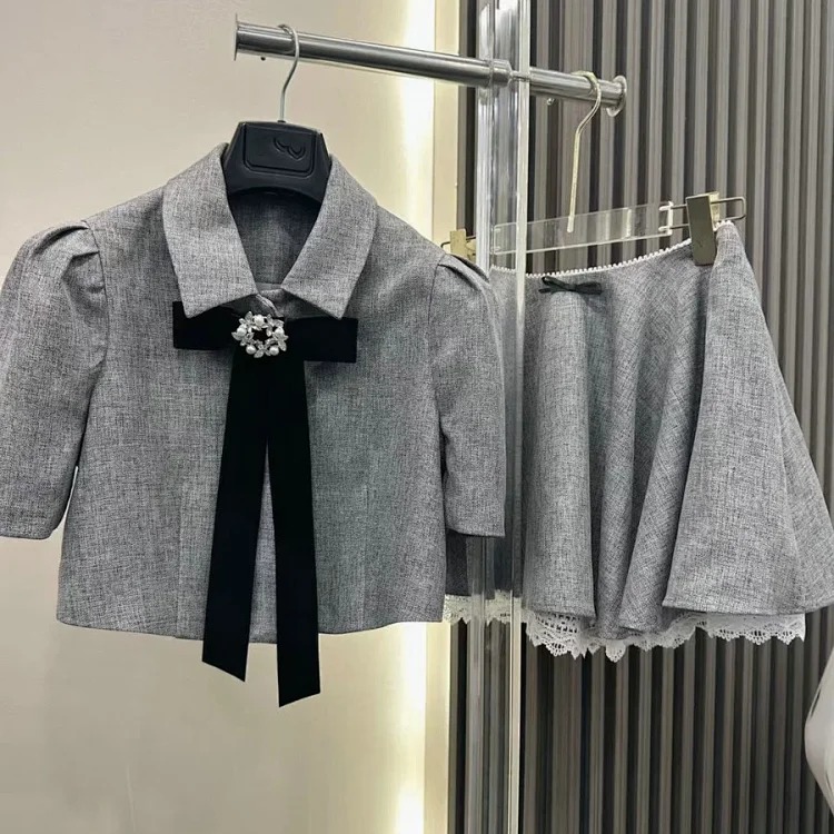 Gray tone ladylike style bow suit for women summer puff sleeve short top high waist lace skirt image 2