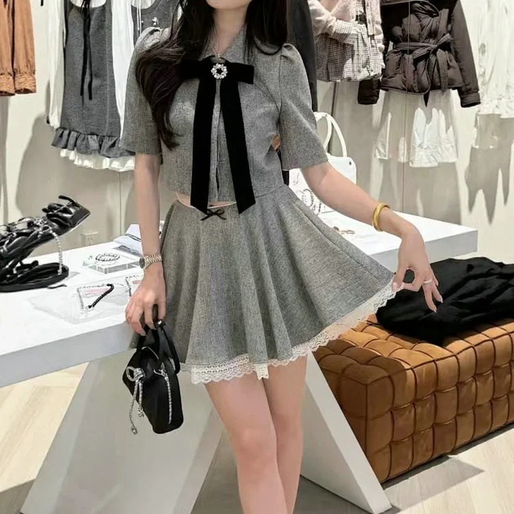 Gray tone ladylike style bow suit for women summer puff sleeve short top high waist lace skirt image 3