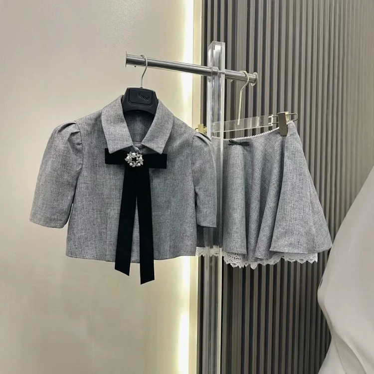 Gray tone ladylike style bow suit for women summer puff sleeve short top high waist lace skirt image 5