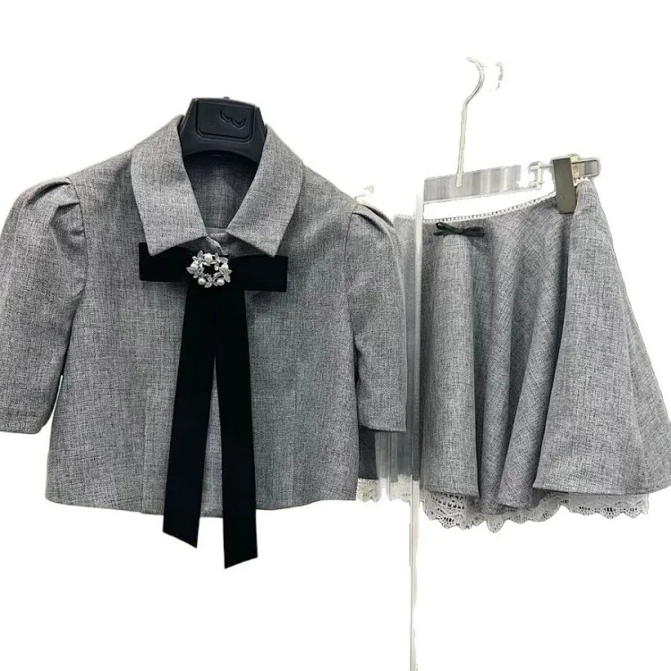 Gray tone ladylike style bow suit for women summer puff sleeve short top high waist lace skirt image 6