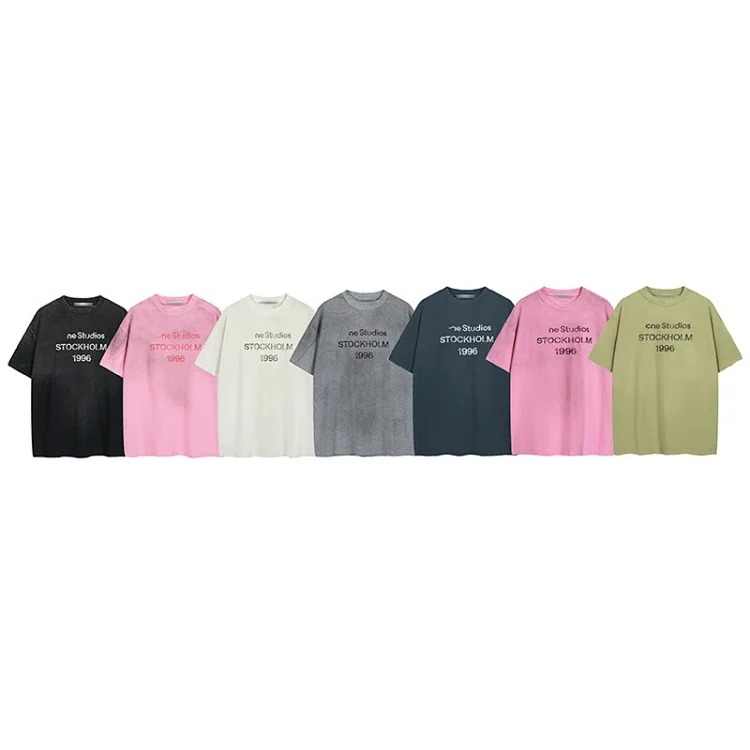 AC1996 old washed and worn gradient letter printed short-sleeved loose T-shirts for men and women couples