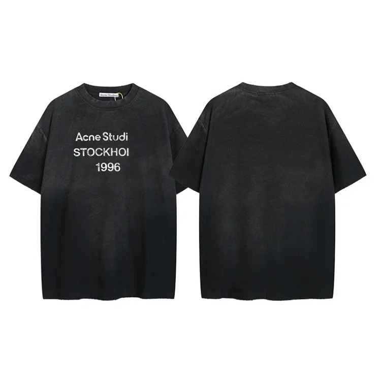 AC1996 old washed and worn gradient letter printed short-sleeved loose T-shirts for men and women couples image 2