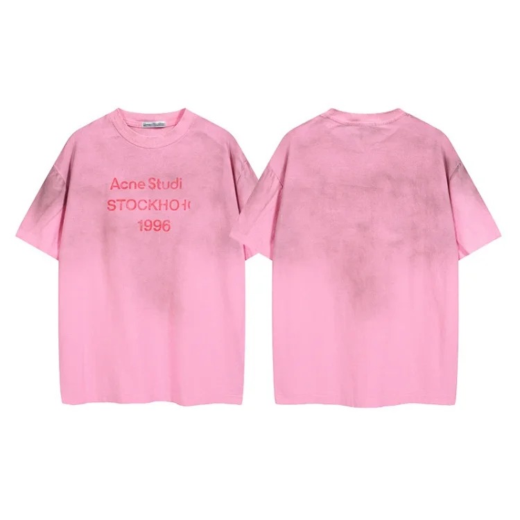 AC1996 old washed and worn gradient letter printed short-sleeved loose T-shirts for men and women couples image 6