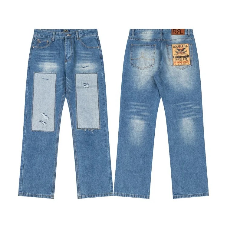 Scannable high version of Raff RL spring and summer new retro patch blue washed straight loose jeans couple style image 4