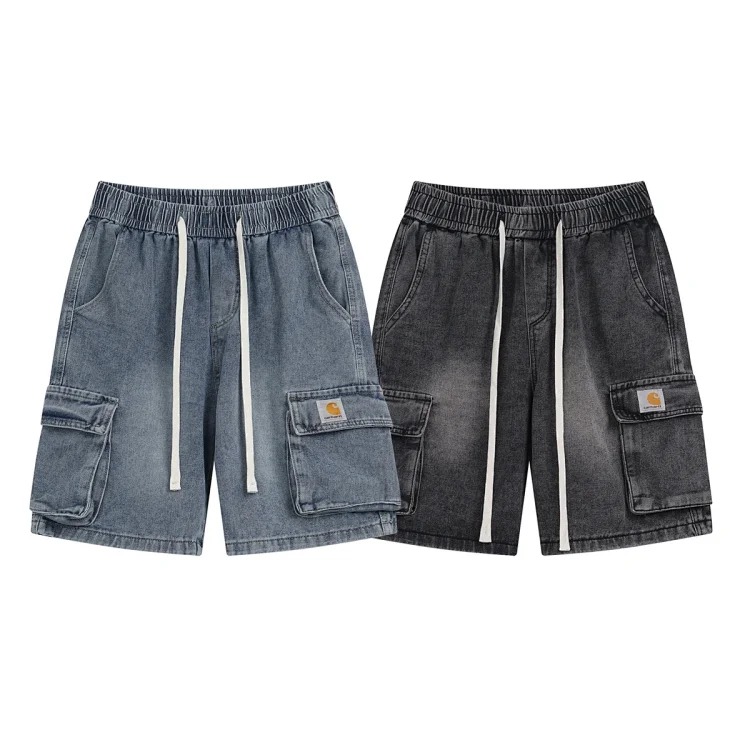 Classic multi-pocket washed cargo denim shorts