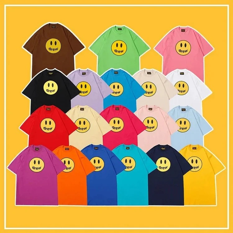 drewSmiley face printed short-sleeved Justin Bieber same style high street casual men and women couple loose T-shirt ins