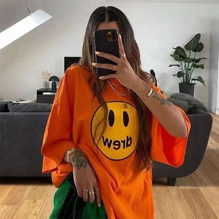 drewSmiley face printed short-sleeved Justin Bieber same style high street casual men and women couple loose T-shirt ins image 22