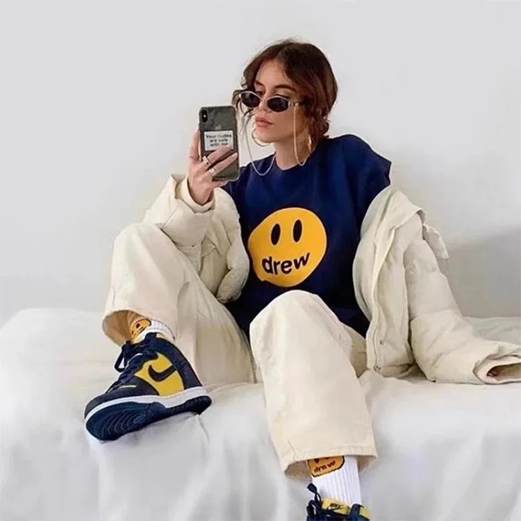 drewSmiley face printed short-sleeved Justin Bieber same style high street casual men and women couple loose T-shirt ins image 23