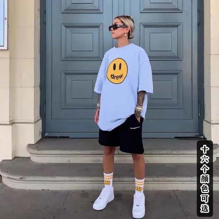 drewSmiley face printed short-sleeved Justin Bieber same style high street casual men and women couple loose T-shirt ins image 24