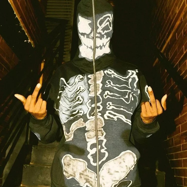 Cross-border version Travis Scott skeleton skeleton velvet hooded sweatshirt for men and women high street cardigan jacket image 2