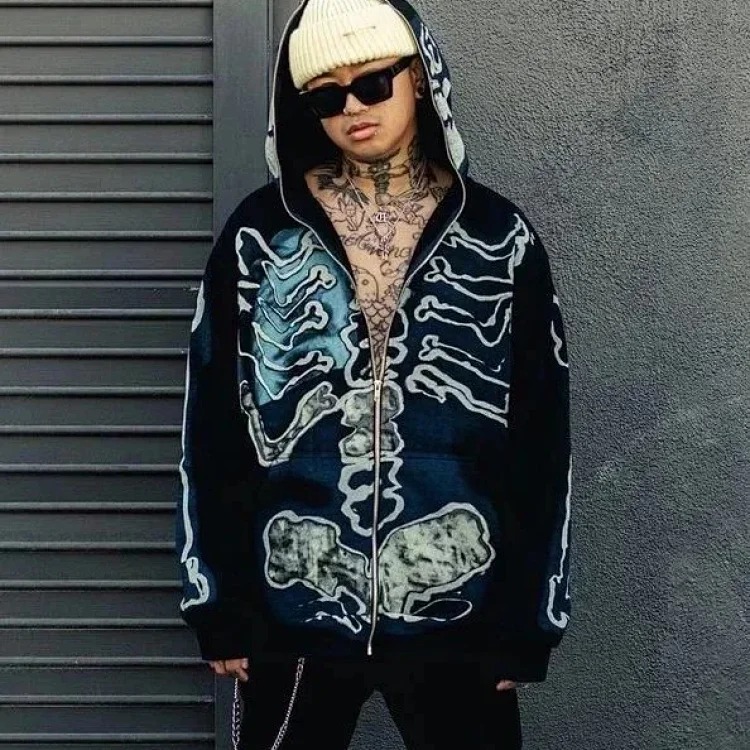 Cross-border version Travis Scott skeleton skeleton velvet hooded sweatshirt for men and women high street cardigan jacket image 3
