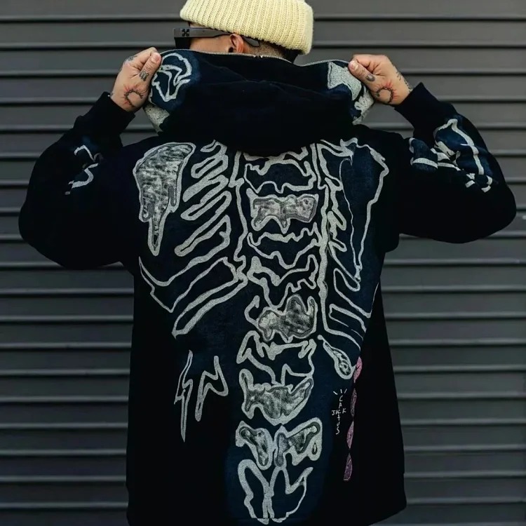 Cross-border version Travis Scott skeleton skeleton velvet hooded sweatshirt for men and women high street cardigan jacket image 4
