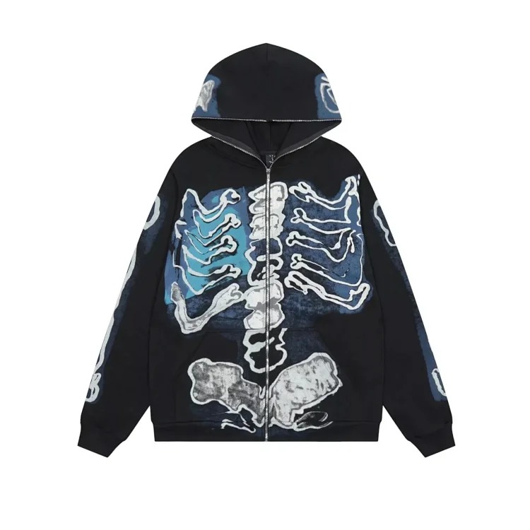 Cross-border version Travis Scott skeleton skeleton velvet hooded sweatshirt for men and women high street cardigan jacket image 5