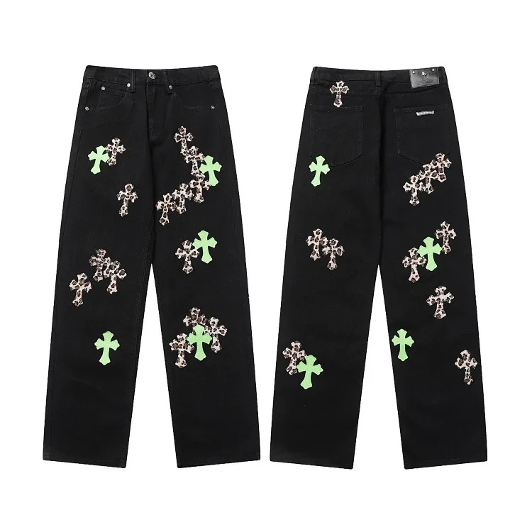 Chr*ome Hearts high-quality leather cross men's and women's American straight-through loose jeans image 10